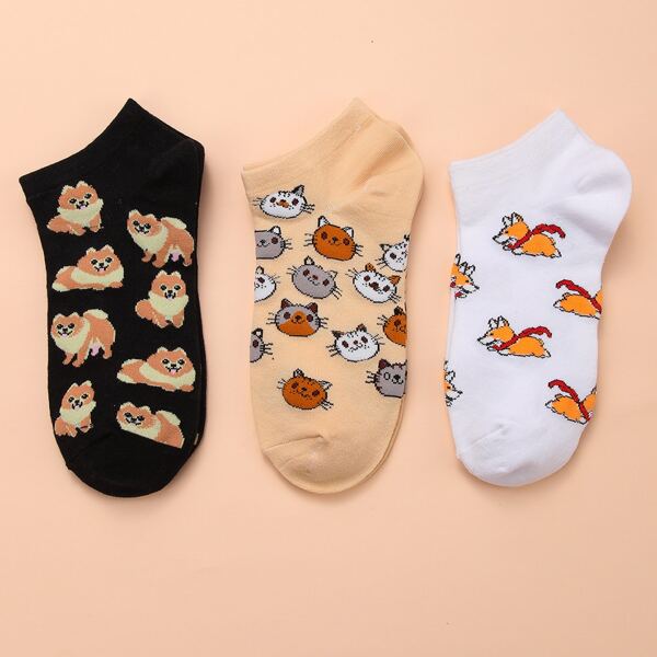 

3pairs Cartoon Animal Print Ankle Socks, Multicolor