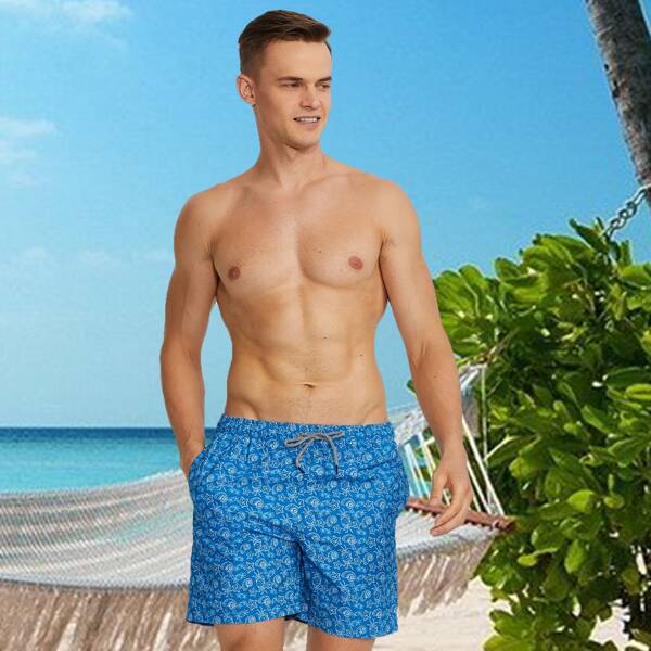

Men Allover Cartoon Graphic Drawstring Waist Swim Trunks, Blue