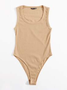 SHEIN EZwear Scoop Neck Solid Bodysuit - Apricot - View 3