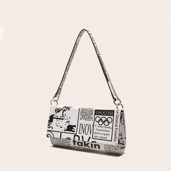 

Newspaper Pattern Flap Baguette Bag, Black and white