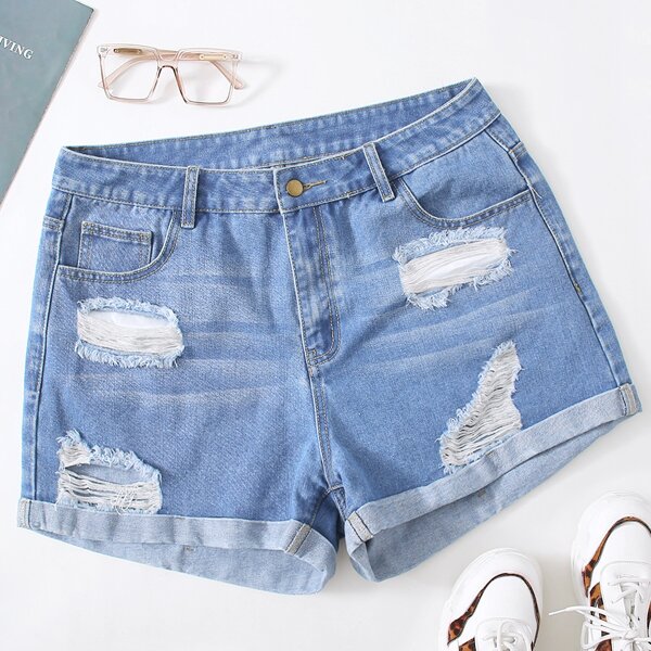 

Plus Ripped Roll Hem Denim Shorts, Medium wash