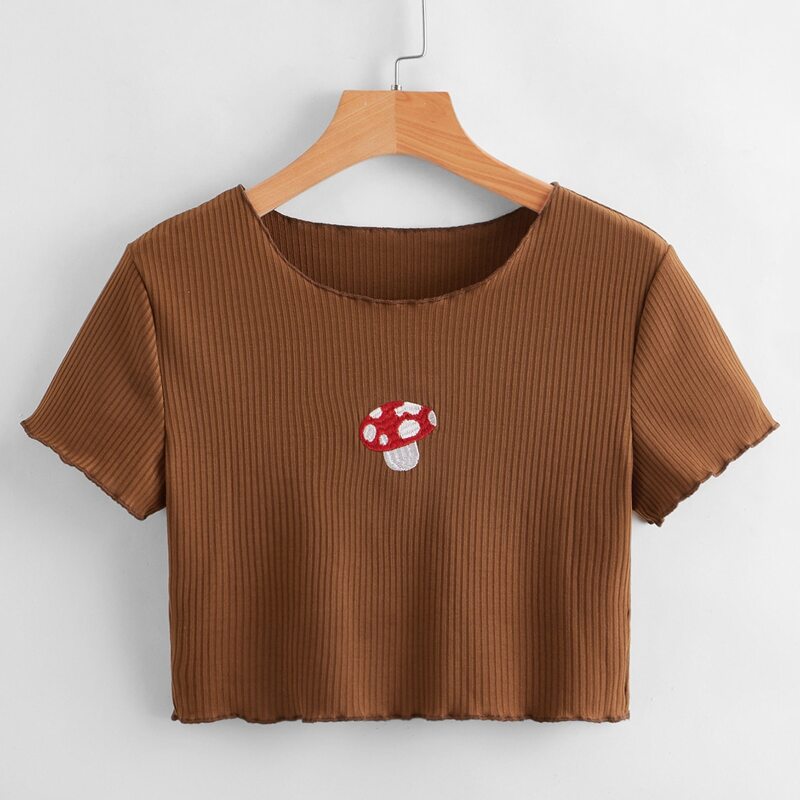 

Mushroom Embroidery Ribbed Tee, Coffee brown
