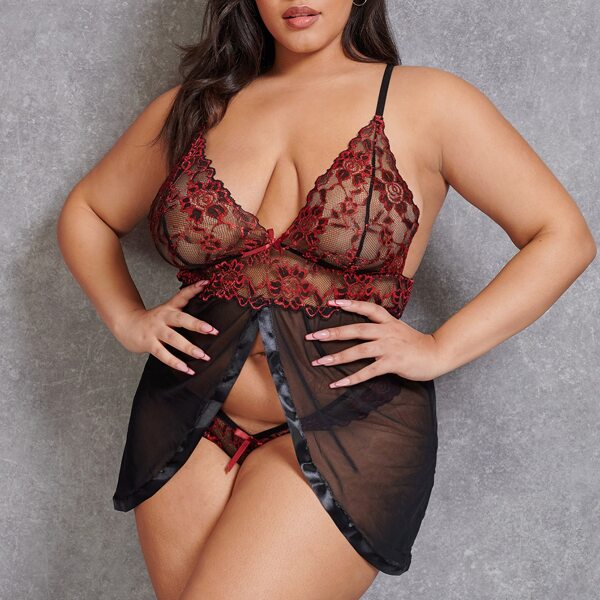 

Plus Contrast Lace Mesh Slips With Panty, Black