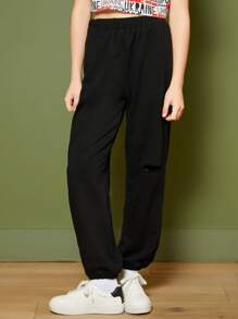 SHEIN Girls Elastic Waist Ripped Detail Joggers - Black - View 2