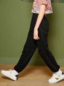 SHEIN Girls Elastic Waist Ripped Detail Joggers - Black - View 1