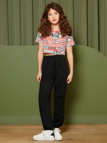 SHEIN Girls Elastic Waist Ripped Detail Joggers - Black - View 4