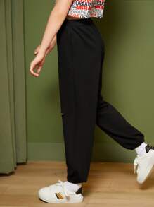 SHEIN Girls Elastic Waist Ripped Detail Joggers - Black - View 5