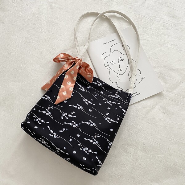 

Twilly Scarf Decor Floral Graphic Tote Bag, Black