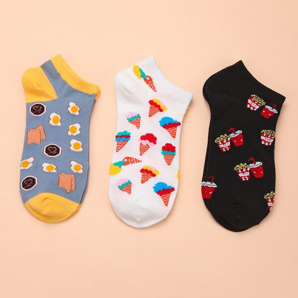 

3pairs Egg Print Ankle Socks, Multicolor