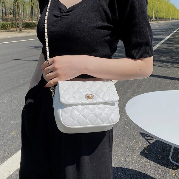 

Turn-lock Quilted Crossbody Bag, White