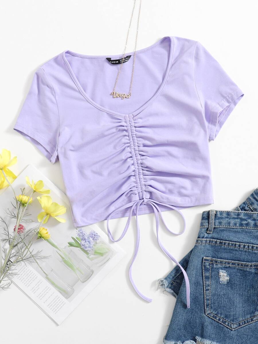 SHEIN Qutie Solid Drawstring Ruched Tee - Lilac Purple - View 1