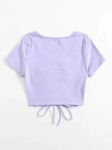 SHEIN Qutie Solid Drawstring Ruched Tee - Lilac Purple - View 2