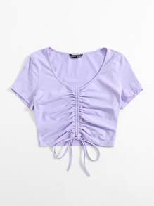 SHEIN Qutie Solid Drawstring Ruched Tee - Lilac Purple - View 3
