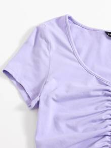 SHEIN Qutie Solid Drawstring Ruched Tee - Lilac Purple - View 4