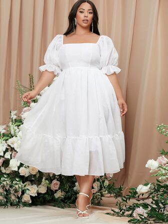 SHEIN Belle Plus Square Neck Puff Sleeve Milkmaid Wedding Dress