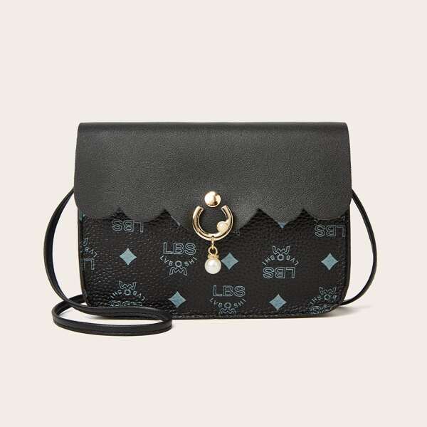 

Letter Graphic Flap Crossbody Bag, Black