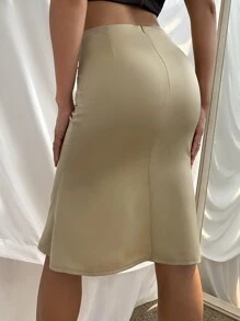 SHEIN Unity Váy Dây kéo màu trơn Thanh lịch - Màu Khaki - Xem 2