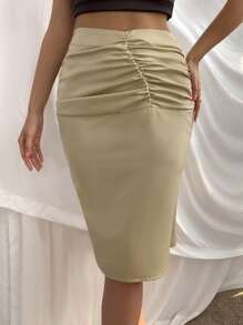 SHEIN Unity Váy Dây kéo màu trơn Thanh lịch - Màu Khaki - Xem 1