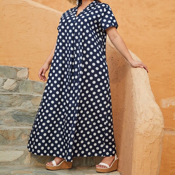 

Plus Polka Dot Lapel Collar Maxi Dress, Navy blue