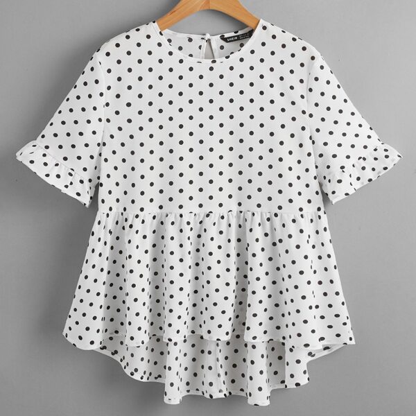 

Polka Dot Print Flounce Sleeve Peplum Top, White