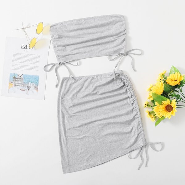 

Drawstring Side Tube Top & Skirt Set, Light grey