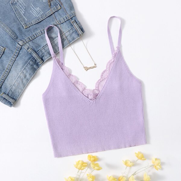 

Lace Trim Rib-knit Top, Lilac purple
