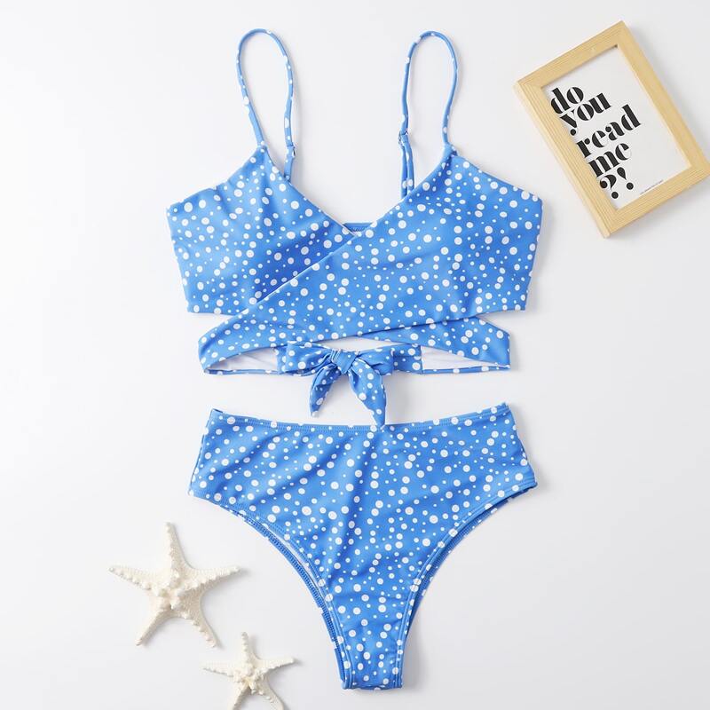 

Polka Dot Wrap Bikini Swimsuit, Blue and white
