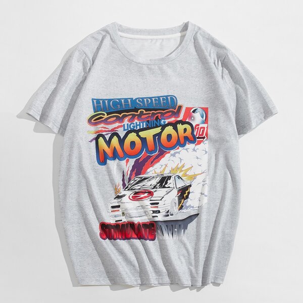 

Men Car And Letter Graphic Tee, Light grey