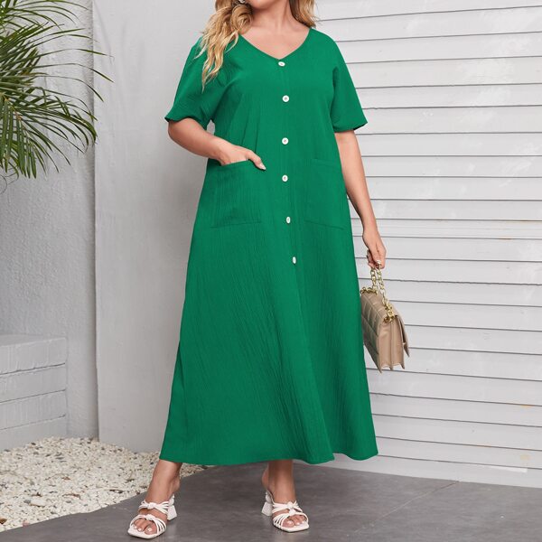 

Plus Dual Pocket Button Front Tunic Dress, Green