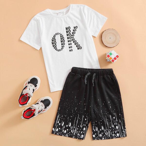 

Boys Letter Graphic Tee & Track Shorts Set, Black and white