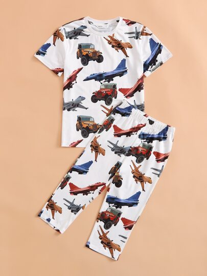 SHEIN Boys Car & Airplane Print Tee & Pants PJ Set