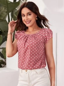 SHEIN Clasi 花瓣袖褶皱前褶波点上衣 - 藕粉色 - 查看 1