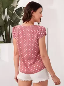 SHEIN Clasi 花瓣袖褶皱前褶波点上衣 - 藕粉色 - 查看 2