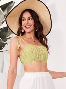 SHEIN VCAY 結飾肩後拉鏈抽褶短版吊帶上衣 - 青檸色 - 查看 1