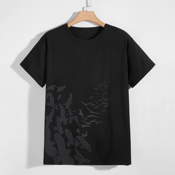 

Men Bird Print Round Neck Tee, Black