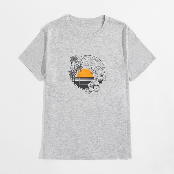 

Men Sunset And Tropical Print Tee, Light grey