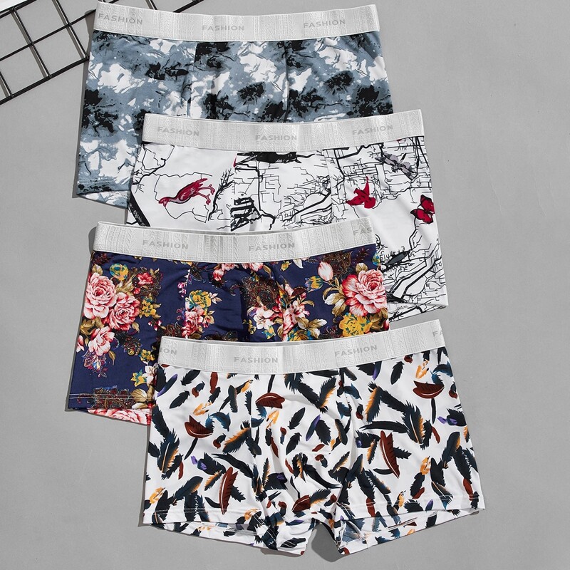 

Guys 4pcs Floral & Feather Boxer Brief, Multicolor