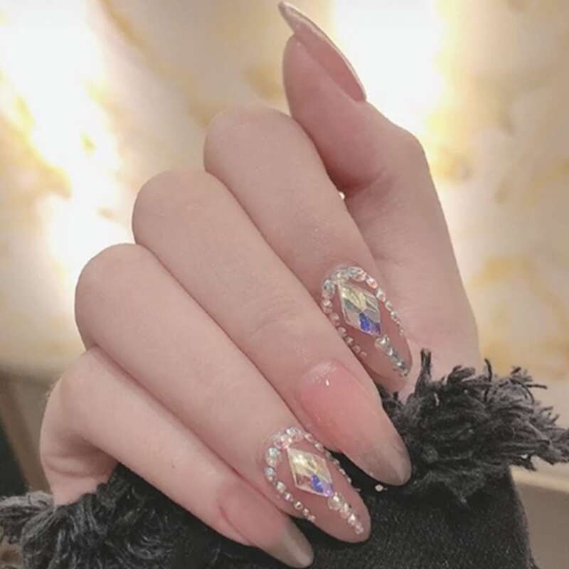 

24pcs Rhinestone Decor Fake Nail & 1sheet Tape, Pink