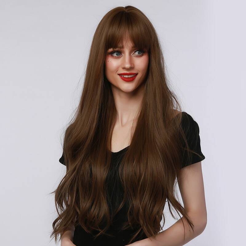 

Natural Long Curly Wig With Bangs, Brown