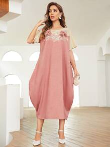 SHEIN 3D Floral Applique Detail Dress - Dusty Pink - View 1