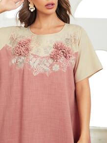 SHEIN 3D Floral Applique Detail Dress - Dusty Pink - View 3