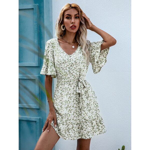

Allover Floral Ruffle Hem Belted Dress, Mint green