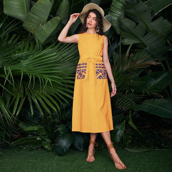 

Single Breasted Dot Patch Pocket Belted Dress, Mustard yellow