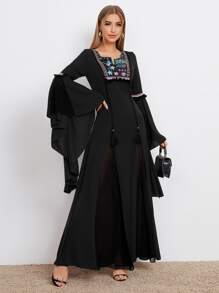 SHEIN Bell Sleeve Floral Embroidered Yoke Tassel Detail Dress - Black - View 1