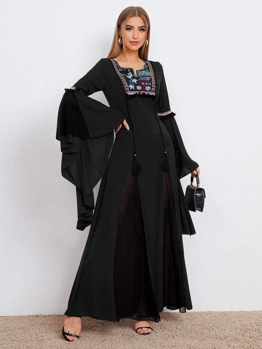 SHEIN Bell Sleeve Floral Embroidered Yoke Tassel Detail Dress - Black - View 1