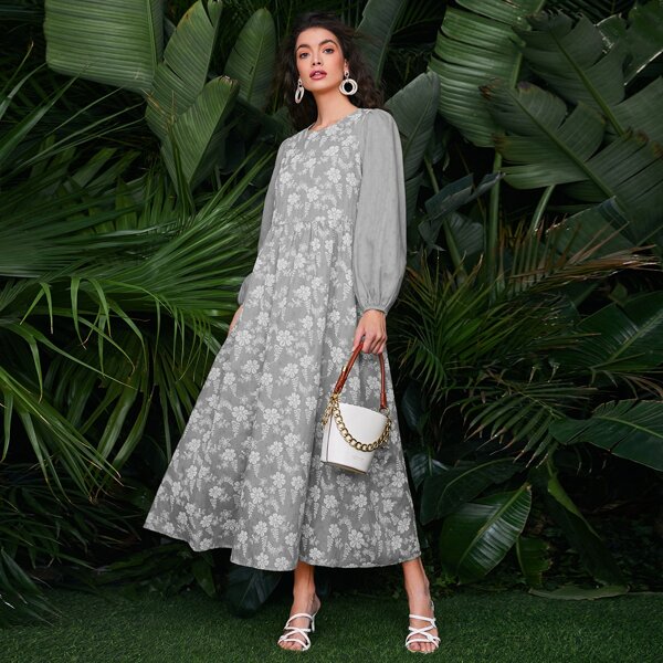 

Bishop Sleeve Floral Print Smock Dress, Light grey