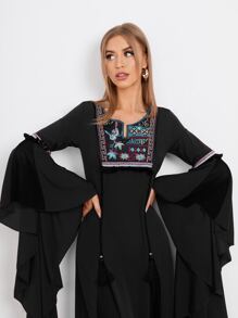 SHEIN Bell Sleeve Floral Embroidered Yoke Tassel Detail Dress - Black - View 3