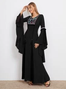 SHEIN Bell Sleeve Floral Embroidered Yoke Tassel Detail Dress - Black - View 4