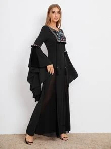 SHEIN Bell Sleeve Floral Embroidered Yoke Tassel Detail Dress - Black - View 5