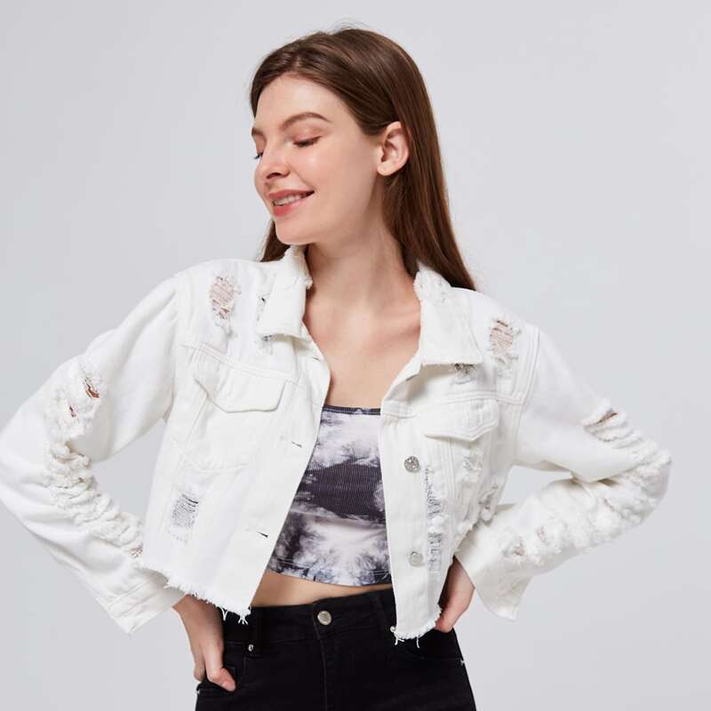 Ripped Raw Hem Denim Jacket, White
